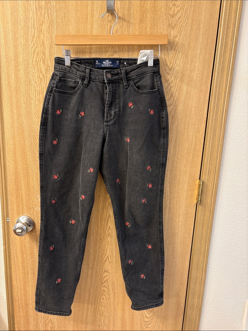 Hollister Black High-Rise Jeans with Red Rose Embroidery